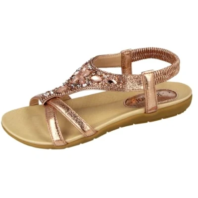 Image of Jo &amp; Joe Ladies Faux Leather Open Toe Sling Back T Bar Diamante Gem Stone Flat Gladiator Summer Sandals Rose Gold 8 UK