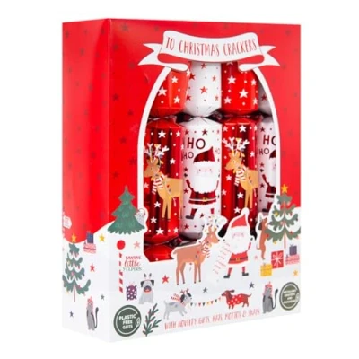 Image of Harvey &amp; Mason Set Of 10 Christmas Crackers Santa And Reindeer White Red Festive Table Decor Family Xmas Party Fun