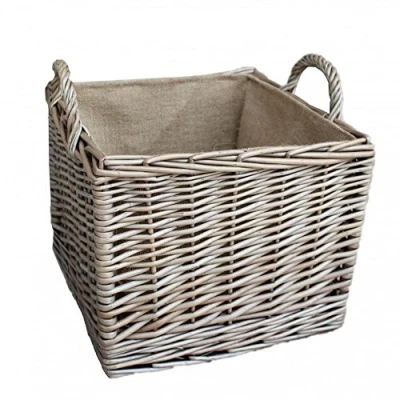 Image of Red Hamper Medium Antique Wash Square Hessian Lined Log Basket, Wicker, Brown, H42 x W42 D34cm