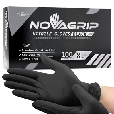 Image of Novagrip JFA Medical Disposable Powder Free Latex Black Nitrile Gloves Box of 100 (Extra Large)