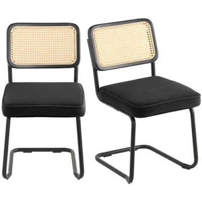 Image of VEVOR Set of 2, Mid Century Modern, Upholstered Velvet Accent Rattan Back, Retro Dining Kitchen Chair for Living, Bedroom, Reading Room, Office, Black, 45 x 57 83.5 cm