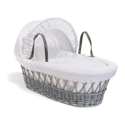 Image of Clair de Lune Waffle Grey Wicker Moses Basket with bedding, Includes mattress, Hood, Padded liner, Coverlet, Hand Woven Sturdy Breathable Baby Bassinet, Suitable from Birth (White)