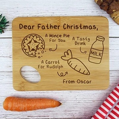 Image of eBuyGB Small Personalised Christmas Eve Board, Dear Father Christmas, Santa, Rudolph &amp; Reindeers Treat Plate, Wooden Snack Tray