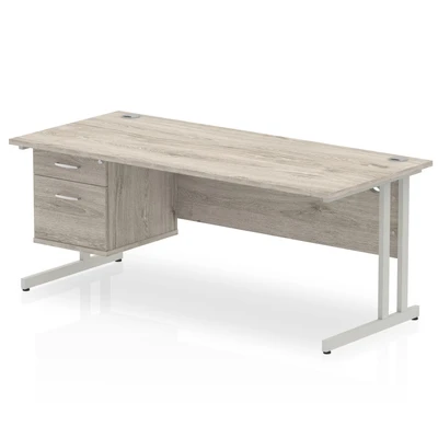 Image of Impulse 1800x800 Desk Grey Oak Silver Cantilever Leg + Fixed Pedestal