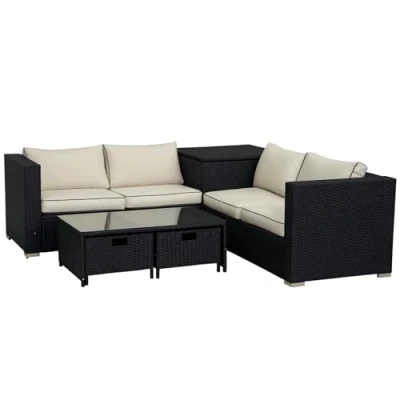 Image of Outsunny 4 Pieces Rattan Garden Furniture Set, Seater Corner Sofa Set with Storage Box, 2 Drawers Coffee Table, Loveseats Cushions, Wicker Conservatory for Balcony, Black
