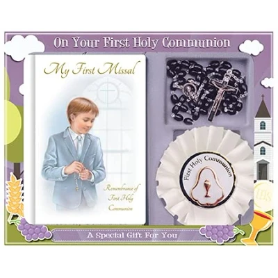 Image of celebrationgiftsforall First Holy Communion Boys Hardback Missal, Prayer Card, Rosary and Rosette Presentation Set