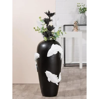 Image of Casablanca Decorative Vase, Large Floor XXL Vase with Koi Fish Motif, Resin Flower Living Room Decoration, Colour: White/Black, Height 73 cm