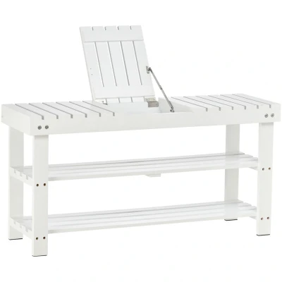 Image of HOMCOM Shoe Bench, 3 Tier Wooden Rack with Hidden Storage Compartment, Slatted Shelves, Home Unit, Hallway Furniture, White, 90L x 29W x45H cm