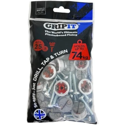 Image of Gripit Red Plasterboard Fixings Heavy Duty for Drywall &amp; Stud Walls, Holds Up to 74kg Ideal Shelves, Shower Units and Speakers Easy Install UK Designed (25 Pack)