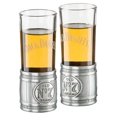 Image of Jack Daniel&#039;s Metal Barrel Shooter Set (2) Glass/Metal Shot Glass Whiskey Bar