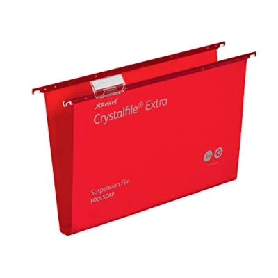 Image of Rexel Foolscap Heavy Duty Suspension Files with Tabs and Inserts for Filing Cabinets, 30 mm base, Polypropylene, Red, Crystalfile Extra, Pack of 25, 70632