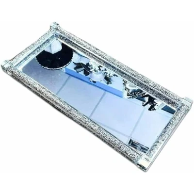 Image of Crushed Diamond Decor Serving Tray Trimmings Mirror Crystal Filled Kitchen Silver, Luxury Platters &amp; Desserts, Diamante Accessories, Size: 38 x 18 cms