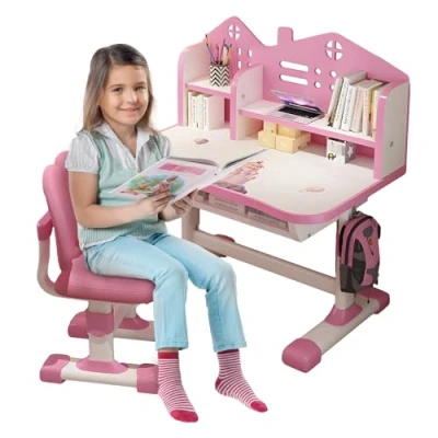 Image of joukares Kids Functional Desk and Chair Set, Height Adjustable Children School Study with Storage Drawer, Student Writing for Bedroom Pink