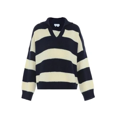 Image of Blonda Women&#039;s Oversized Striped Fashion Jumper with Lapel Acrylic Navy Wool White Size M/L Pullover Sweater, M