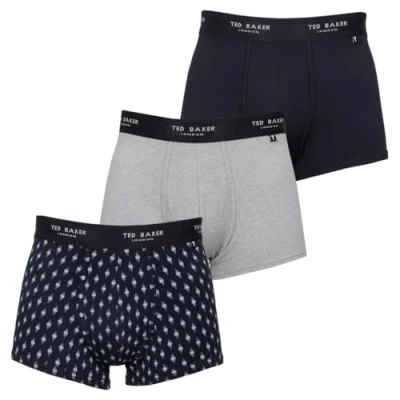 Image of Ted Baker Mens 3 Pack Boxer Briefs Navy/Heather Grey/Faded Geo Navy XL