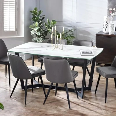 Image of Julian Bowen Olympus Dining Table, Glass and Metal, White Marble Effect Black, Height: 76, Width: 160, Depth: 90cm