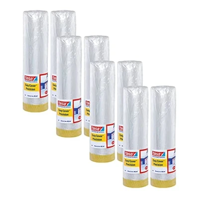 Image of tesa Easy Cover 4365 Precision Pack of 8 Painter&#039;s Film with Tape for Masking and Covering during Painting 2 in 1 Transparent 33 m x 2.1 Each