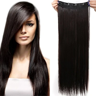 Image of 23 Inch One Piece Clip In Hair Extensions Straight Hairpieces 5 Clips Silky Synthetic For Women Ladies Dark Brown(58cm 120g)