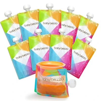 Image of Baby Brezza Reusable Food Storage Pouches, 10 Pack 7oz Make Organic Puree for Kids or Toddlers and Store in Refillable Squeeze Bulk Set is Freezer Safe &amp; Washable