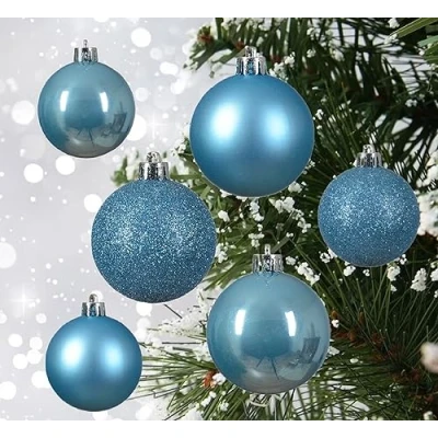 Image of 60 blue christmas baubles sugar decorations tree hanging ornament 40mm 50mm 60mm glitter matt shiny set.