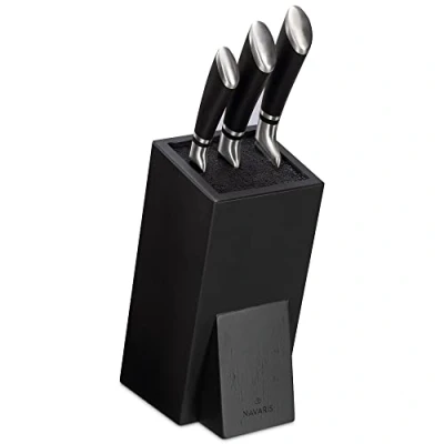Image of Navaris Wooden Kitchen Knife Block Universal Bristle Holder Storage Stand Rubber Wood Angled Design, 25 x 15 10.5 cm Black