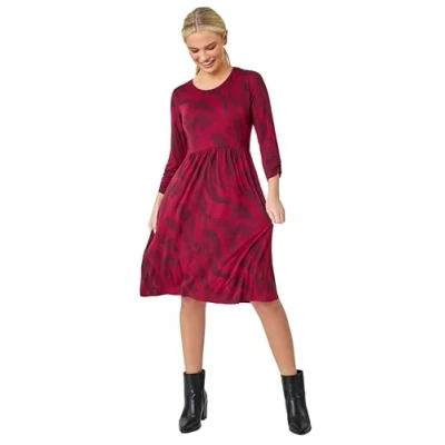 Image of Roman Stretch Dress with Pockets for Women UK Ladies Jersey Gathered Waist Spring Summer Knee Length Smart Casual Work Cocktail Party Going Out Fit &amp; Flare Dinner Wine Onyx Size 14
