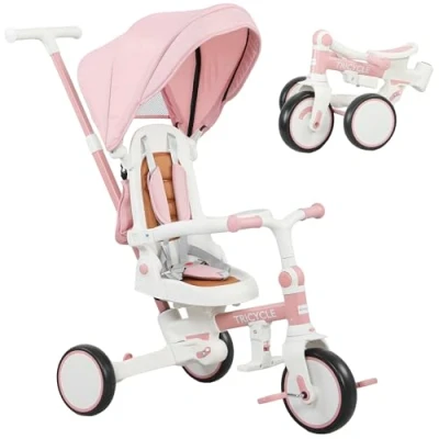 Image of 5 in 1 Foldable Kids Trike, Toddler Tricycle for 3 Years, Pink Aiyaplay