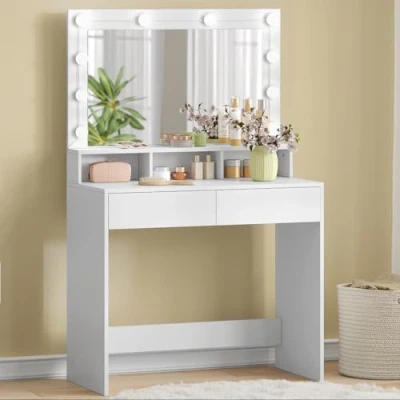 Image of EUGAD Dressing table with LED Mirror, Adjustable Lights, Vanity Desk 2 Drawers, 3 Open Compartments, Makeup White for Bedroom, 80x40x140cm, Wooden, 0053SZT