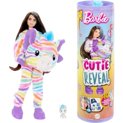 Image of Barbie Cutie Reveal Doll &amp; Accessories with Rainbow Zebra Plush Costume 10 Surprises Including Color Change, Dream Series, HRK39