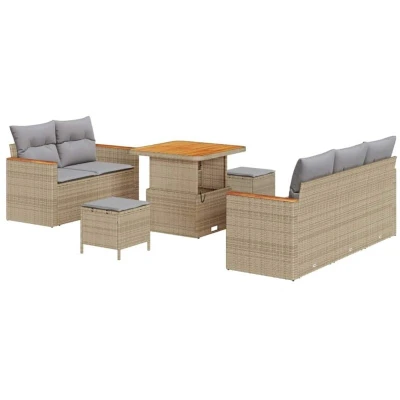 Image of vidaXL 8 Piece Garden Sofa Set with Cushions Beige Poly Rattan Acacia