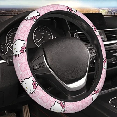 Image of Pink Kitty Cat Car Accessories Cute Kawaii Steering Wheel Cover Women Covers Protector Universal 15 Inch