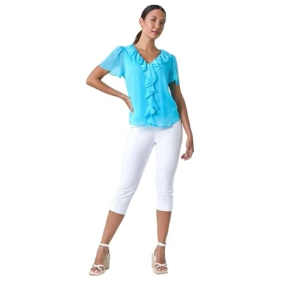 Image of Roman Womens Crinkle Textured V Neck Frill Detail Top Blue Size 20 UK