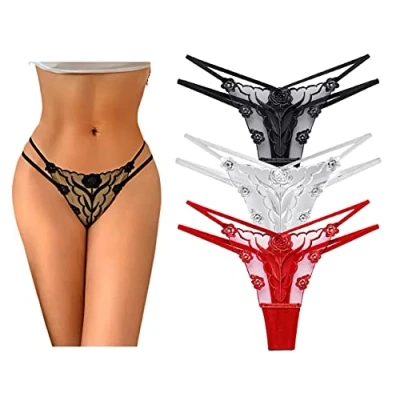 Image of Persepolis Women Mesh Thong Floral G string Panties Sexy Knickers Lingerie Underwear 3/7 Pack (L, Black/Red/White)