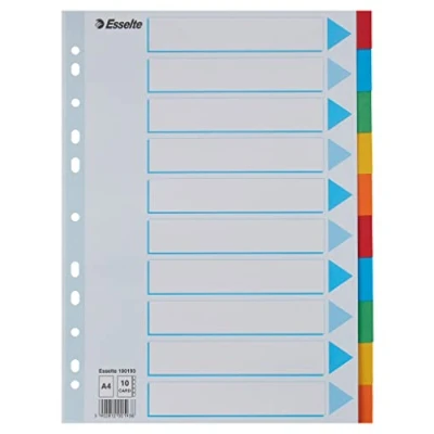 Image of Esselte A4 card File Dividers. 10 Parts Coloured Folder Dividers with identification front sheet, for Ring Binders and Lever Arch Files. Made from durable, recycled