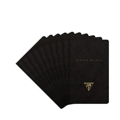 Image of Clairefontaine 102586C A pack of 10 Flying Spirit thread stitched notebooks 48 ivory pages 7.5x12 cm 90g lined, black glossy card cover, assorted pattern
