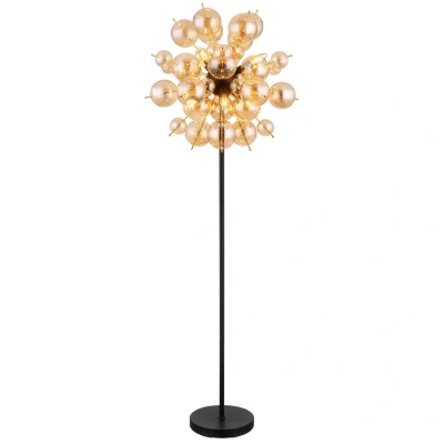 Image of Udo Multi Arm Floor Lamp Matt Black Balls Amber Glass Shade 6x E14