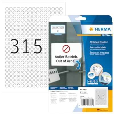 Image of HERMA Self Adhesive Removable Round Labels, 315 Labels per A4 Sheet, 25 Sheets, Ø 10 mm, 7875 Blank Multipurpose Stickers, Sticky Dots for Laser &amp; Inkjet Printer, White