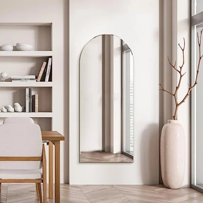Image of MirrorOutlet The Arcus Frameless Modern Full Length Arched Leaner/Wall Mirror 63&quot; X 27&quot; (160CM 70CM) Silver Glass with Black wooden Backing Polished Edging