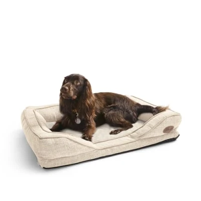 Image of Silentnight Orthopaedic Dog Bed Cosy Comfortable Pet with Ergonomic Foam Body &amp; Head Support Super Soft Faux Fur Sturdy Woven Removable Washable Cover, Non Slip Base, Small 49x65cm, Natural