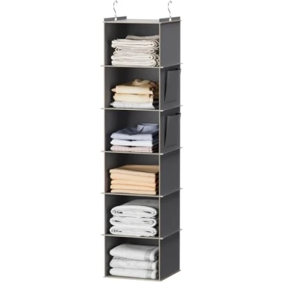 Image of YOUDENOVA Hanging Wardrobe Organiser 6 Shelves Storage with Side Pockets Clothes Bedroom (Grey, Hooks)