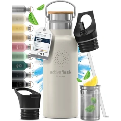 Image of Stainless Steel Water Bottle with Straw, Infuser &amp; 3 Lids: 1 0,5L Leak Proof Vacuum Insulated ACTIVE FLASK Drinking Bottles Hot Cold: Double Walled Outdoor Drink Thermo Mug Tea Coffee Sport Gym Bike