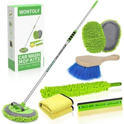 Image of Wontolf 62&#039;&#039; Car Wash Brush with Long Handle Chenille Microfiber Mop Mitt Washing Cleaning Kit Windshield Window Squeegee Duster Towels for Cars RV Truck Boat 9PCS