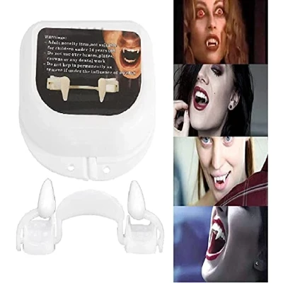Image of 2PCS Retractable Halloween Vampire Fangs Teeth, Scary Creepy Fake for Kids Adults, Realistic Reusable Teeth Cosplay Accessories Party Prop Decoration