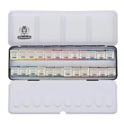 Image of Schmincke HORADAM AQUARELL paint box with 24 finest watercolours, 74424097, black metal box, painting set, premium x 1/2 cells