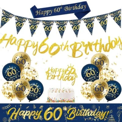 Image of 60th Birthday Decorations for Men Women, Blue Glod Balloons, Happy Banner with Cake Toppers Bunting Flags, Navy Gold Latex Balloons Party