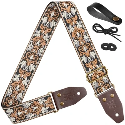 Image of Amumu Guitar Strap, Flower of Life Embroidery, Top Grain Leather, for Bass, Electric &amp; Acoustic, (Black), Black, 37.5“ 64“