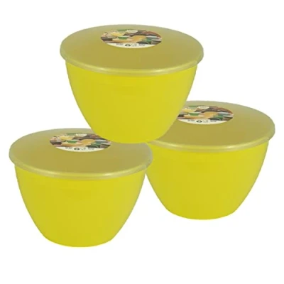 Image of Just Pudding Basins Pastel Colours 2 Pint 1.14 Litre Basin and Clear Lid Pack of 3 Plastic Steaming Bowls (Yellow)