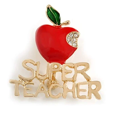 Image of Avalaya Gold Tone Red/Green Enamel Crystal Apple &#039;Super Teacher&#039; Brooch 40mm Across