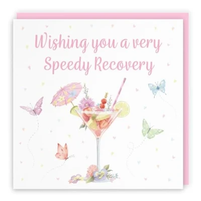Image of Hunts England Pink Cocktail And Butterflies Wishing You A Speedy Recovery Card For Her Milo&#039;s Gallery Female Get Well Feel Better Soon Women