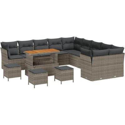 Image of vidaXL 14 Piece Garden Sofa Set with Cushions Grey Poly Rattan Acacia